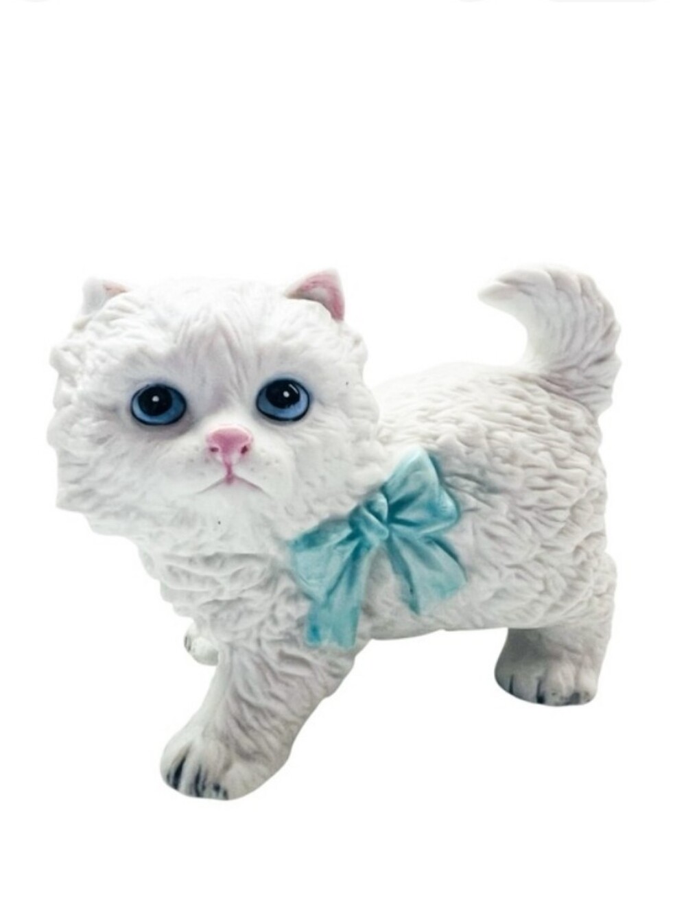 Vintage White Persian Ceramic Cat Figurine with Light Blue Bow